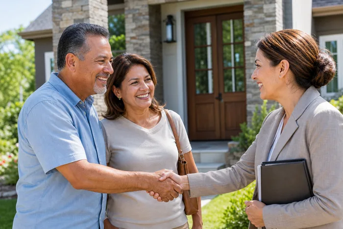 Family and agent celebrating sold home