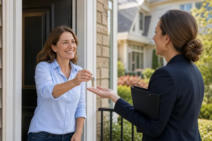 Woman handing over house keys at closing